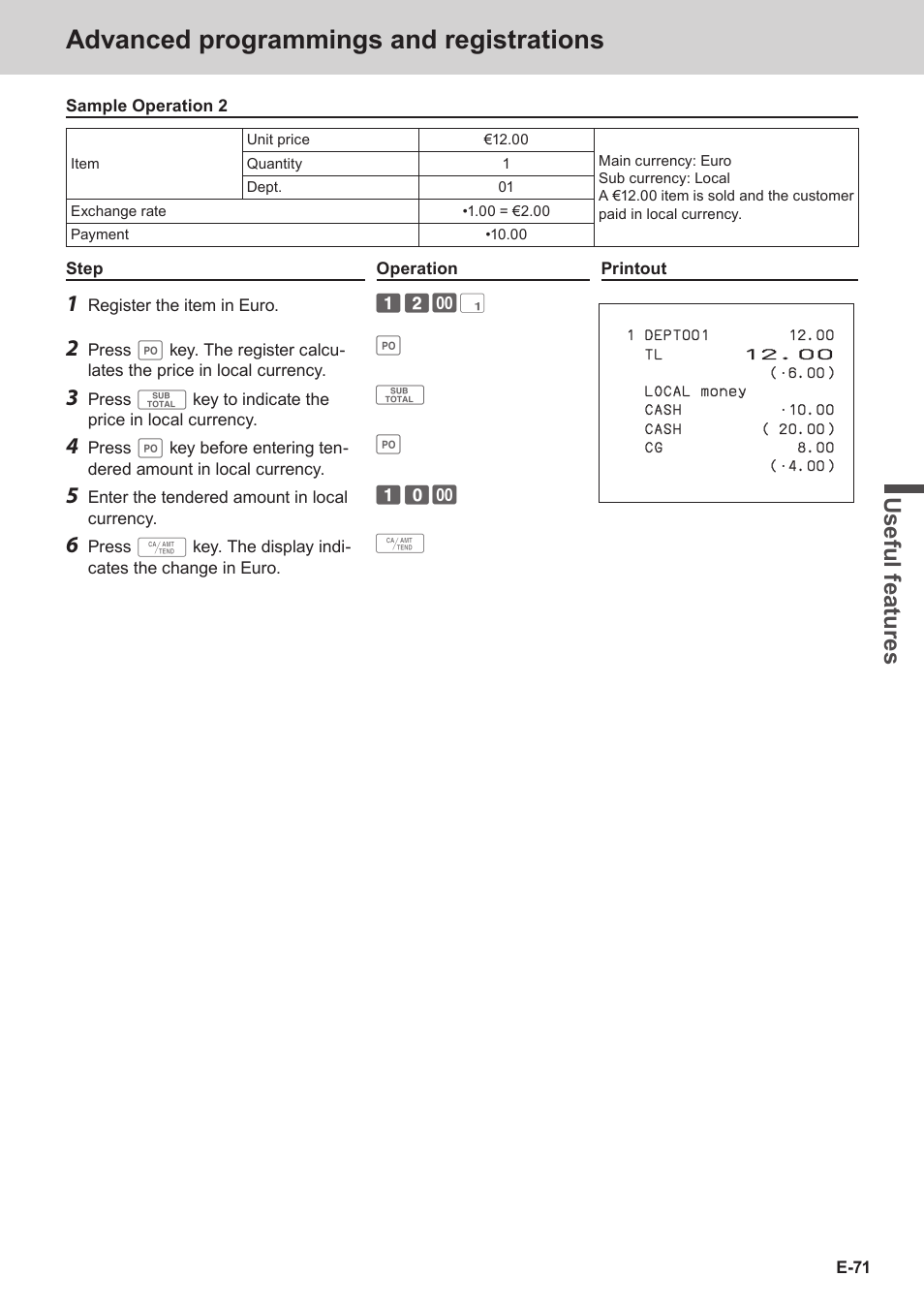 Advanced programmings and registrations, Use ful fe atu re s | Casio SE-C3500 Manual User Manual | Page 71 / 136