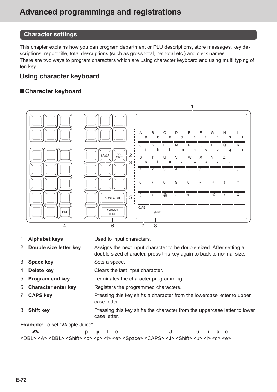 Advanced programmings and registrations, Using character keyboard, Character settings | Character keyboard | Casio SE-C3500 Manual User Manual | Page 72 / 136