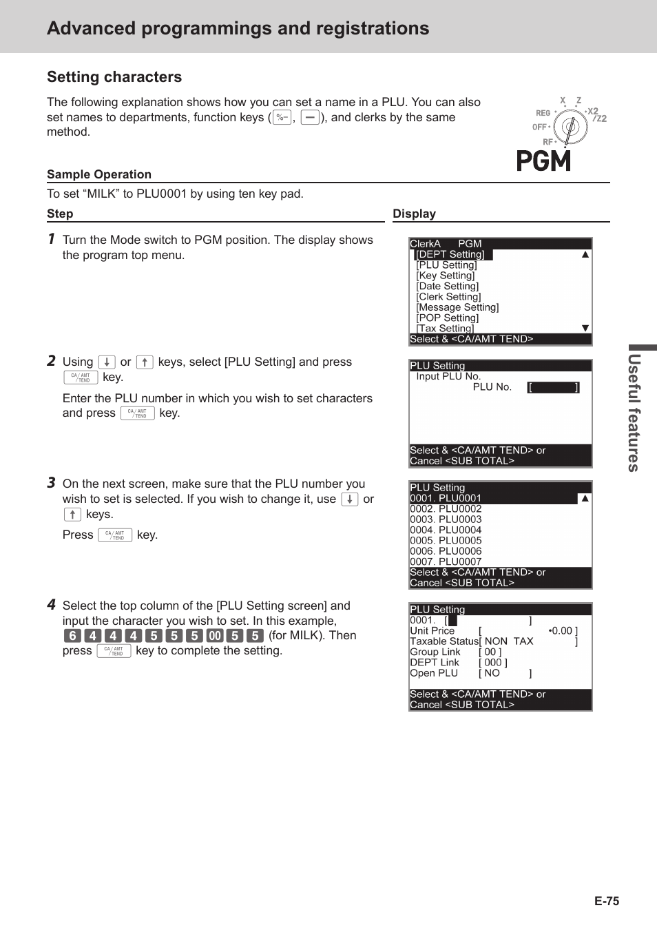 Advanced programmings and registrations, Use ful fe atu re s | Casio SE-C3500 Manual User Manual | Page 75 / 136