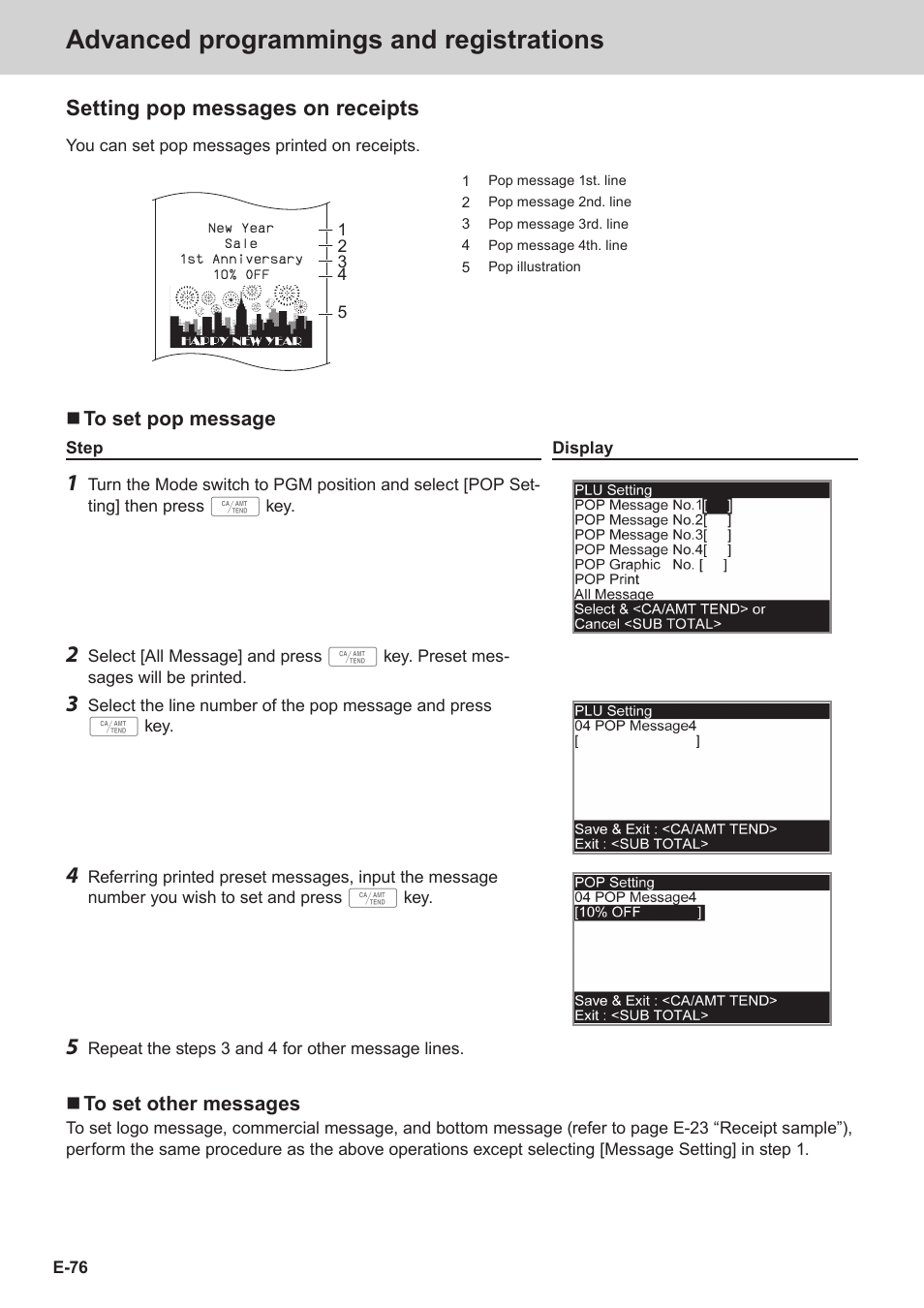 Advanced programmings and registrations, Setting pop messages on receipts | Casio SE-C3500 Manual User Manual | Page 76 / 136