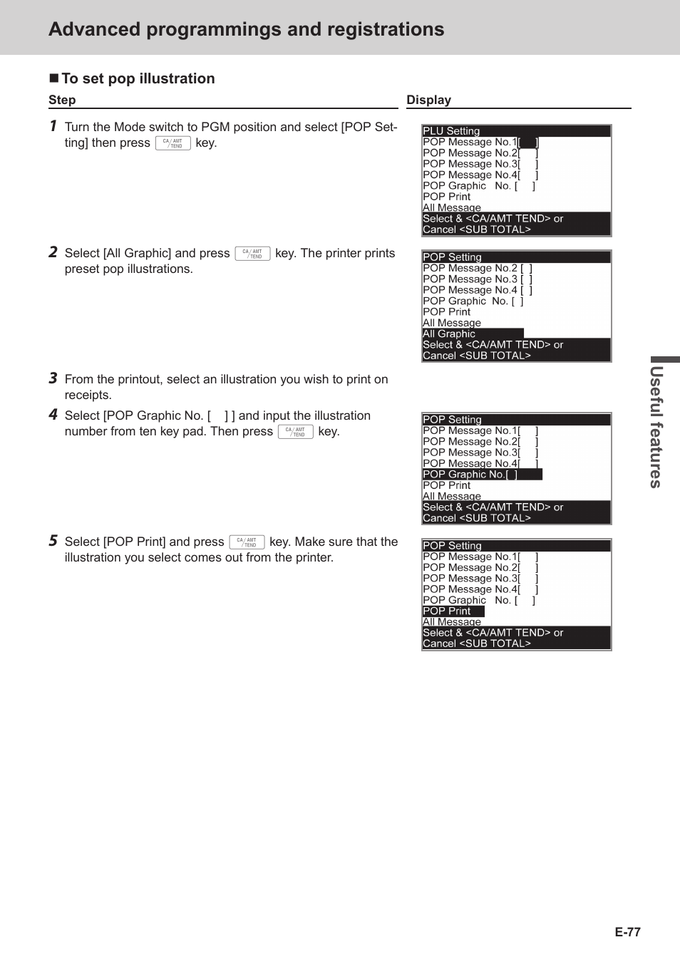 Advanced programmings and registrations, Use ful fe atu re s | Casio SE-C3500 Manual User Manual | Page 77 / 136