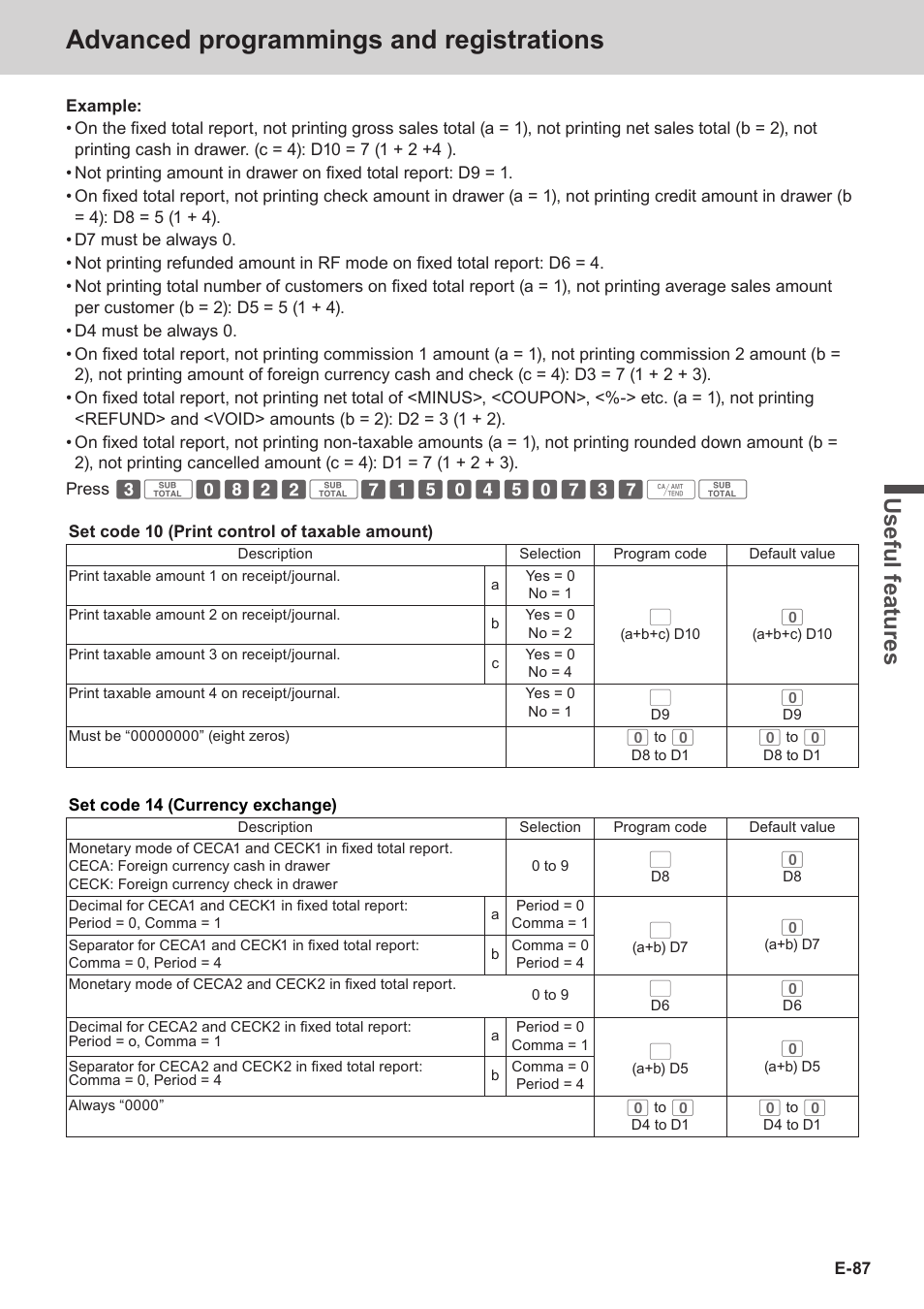 Advanced programmings and registrations, Use ful fe atu re s | Casio SE-C3500 Manual User Manual | Page 87 / 136