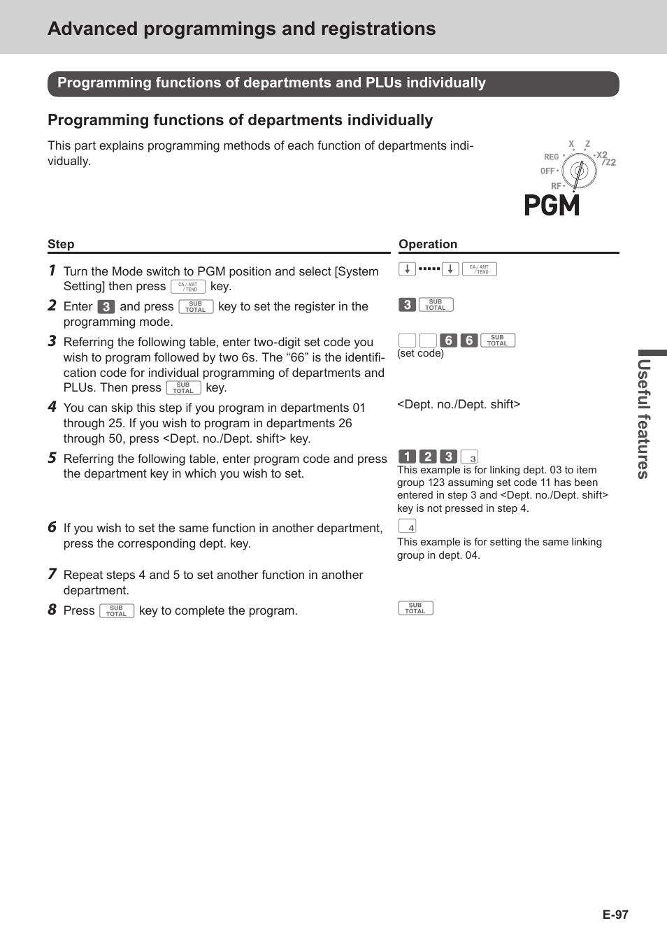 Advanced programmings and registrations, Use ful fe atu re s, Programming functions of departments individually | Casio SE-C3500 Manual User Manual | Page 97 / 136