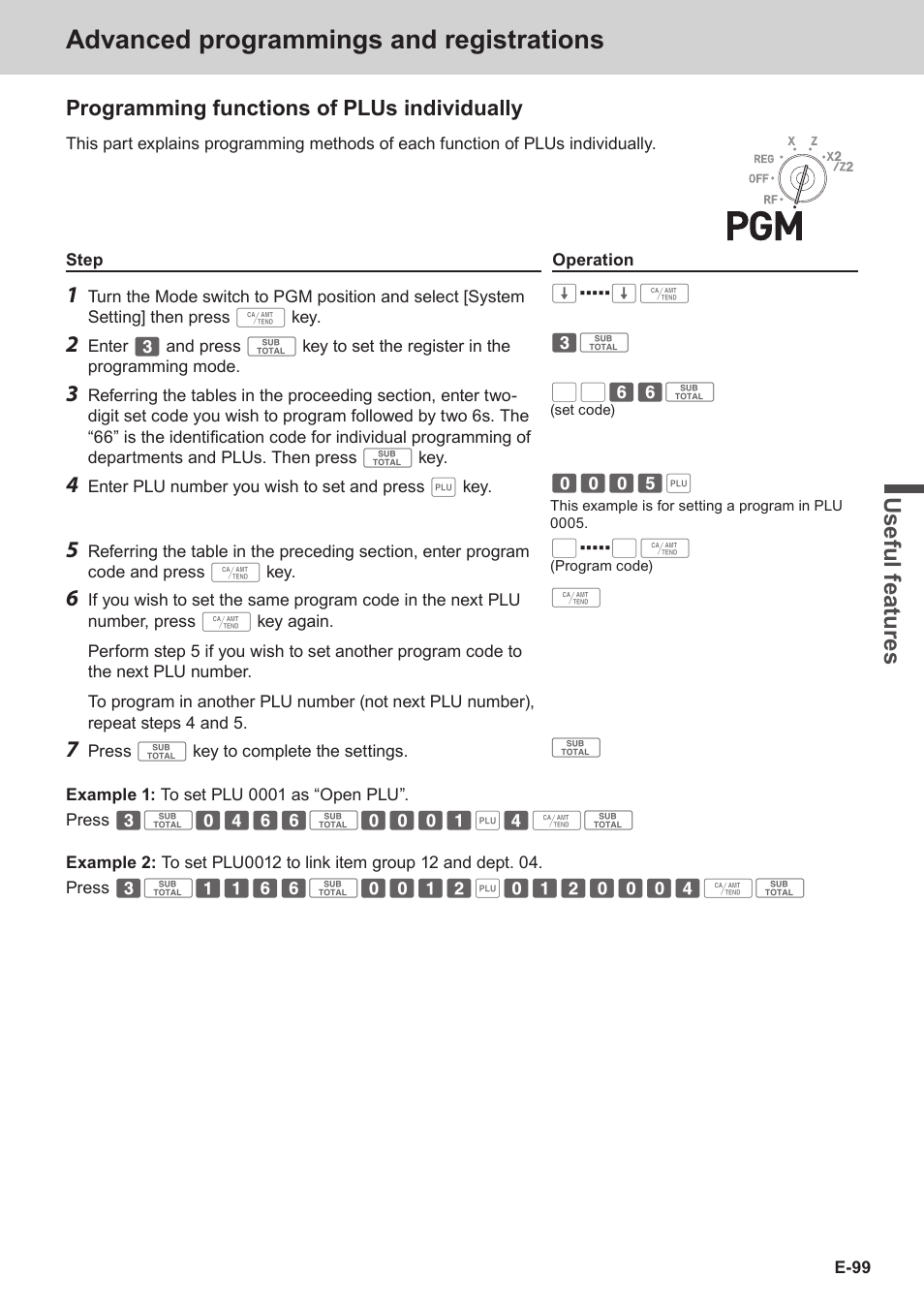 Advanced programmings and registrations, Use ful fe atu re s, Programming functions of plus individually | Casio SE-C3500 Manual User Manual | Page 99 / 136