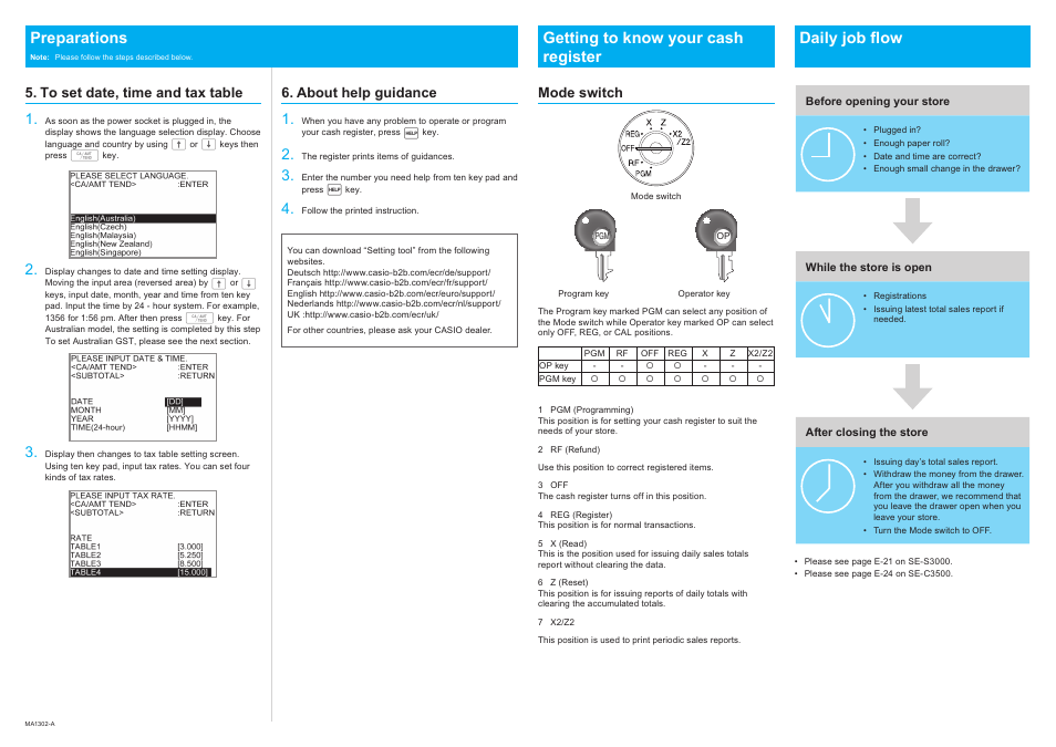 Getting to know your cash register daily job flow, Preparations, Mode switch | About help guidance | Casio SE-C3500 Quick Start User Manual | Page 2 / 2