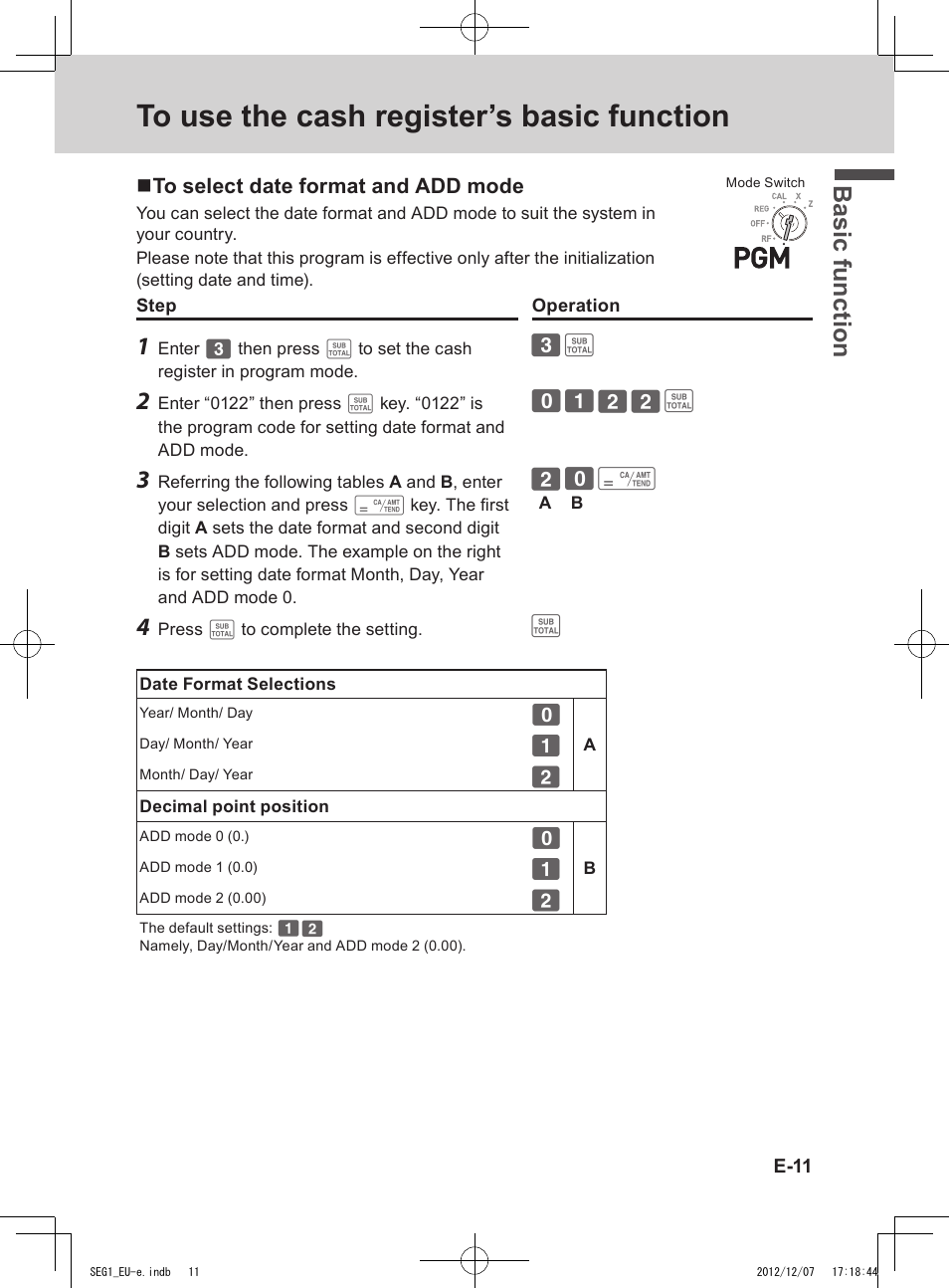 Bas ic fu nc tion | Casio SE-G1 User Manual | Page 11 / 76