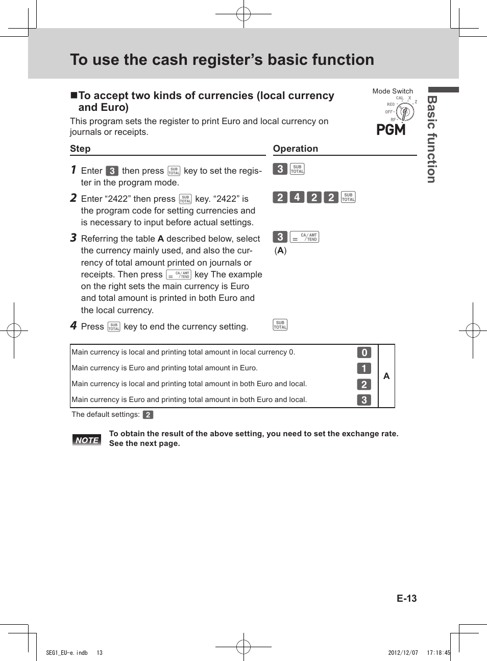 Bas ic fu nc tion | Casio SE-G1 User Manual | Page 13 / 76