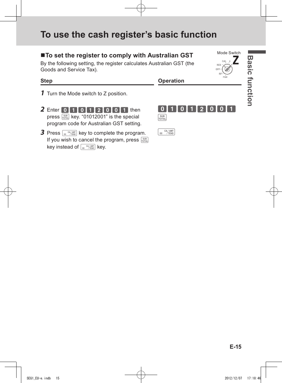 Bas ic fu nc tion | Casio SE-G1 User Manual | Page 15 / 76