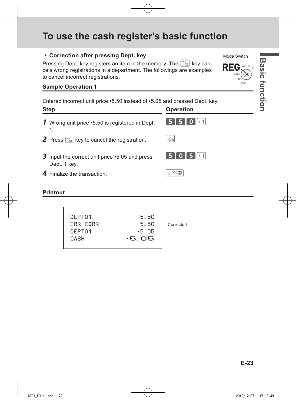 Bas ic fu nc tion | Casio SE-G1 User Manual | Page 23 / 76