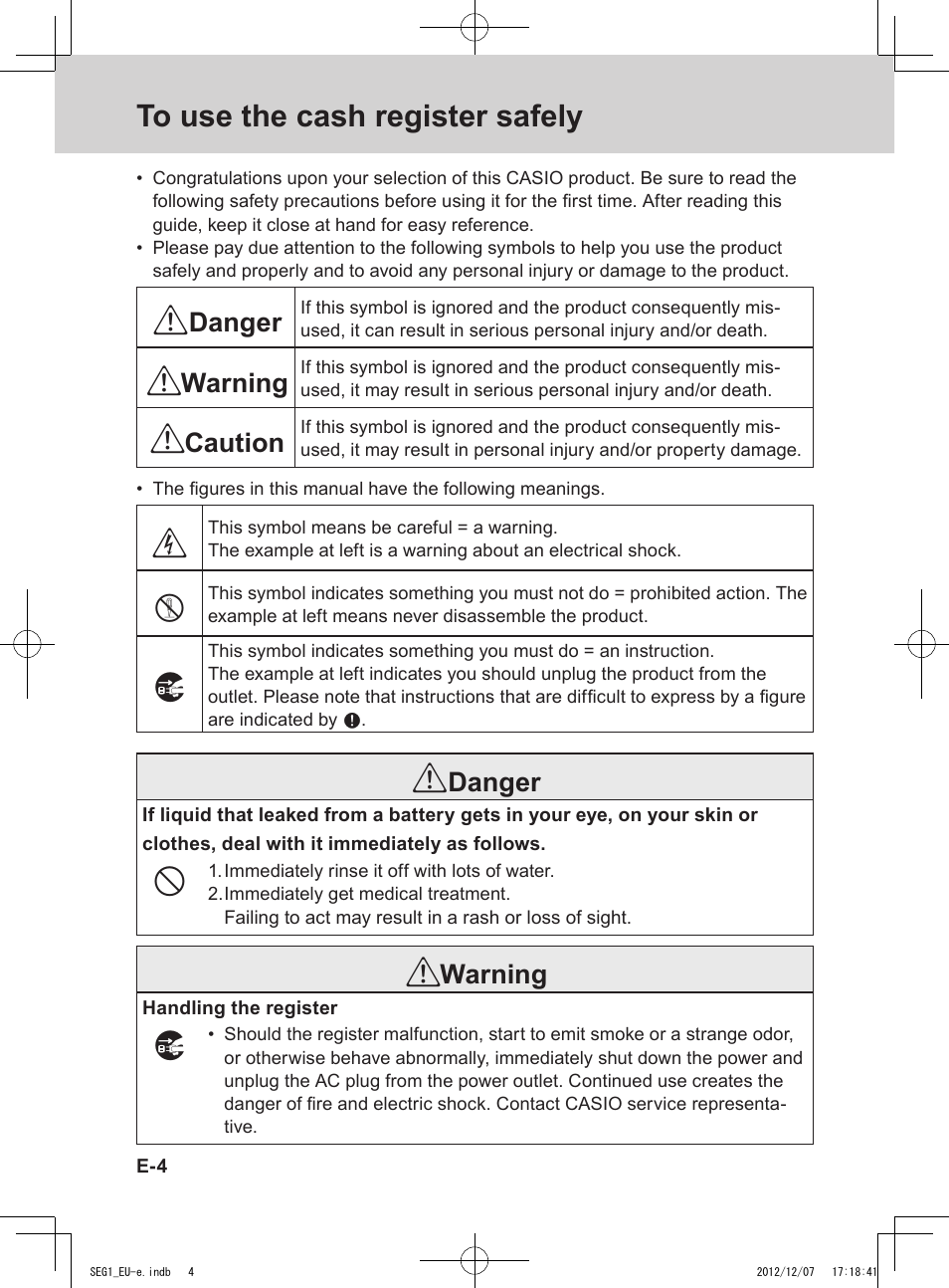 Danger, Warning, Caution | Casio SE-G1 User Manual | Page 4 / 76