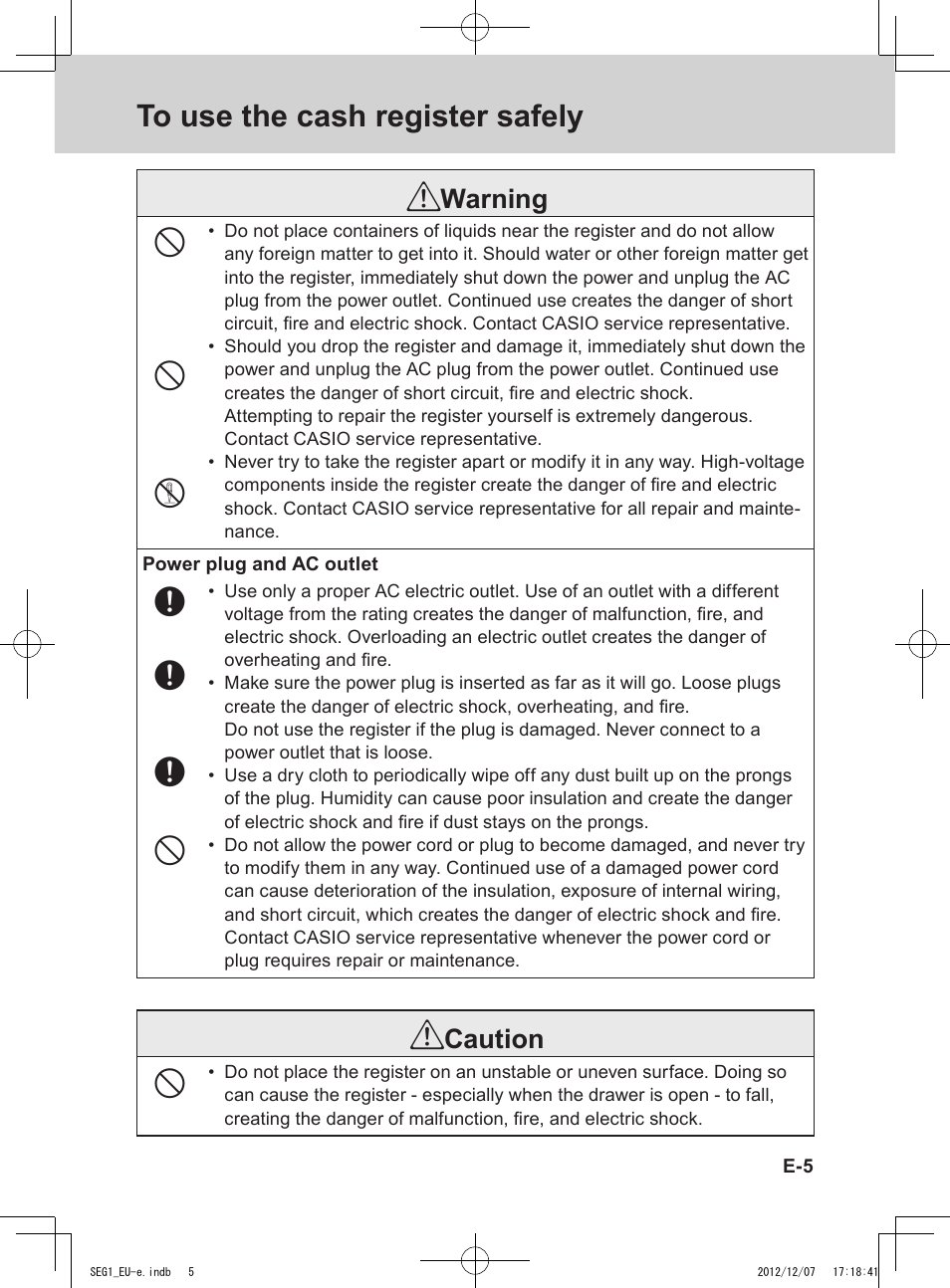 Warning, Caution | Casio SE-G1 User Manual | Page 5 / 76