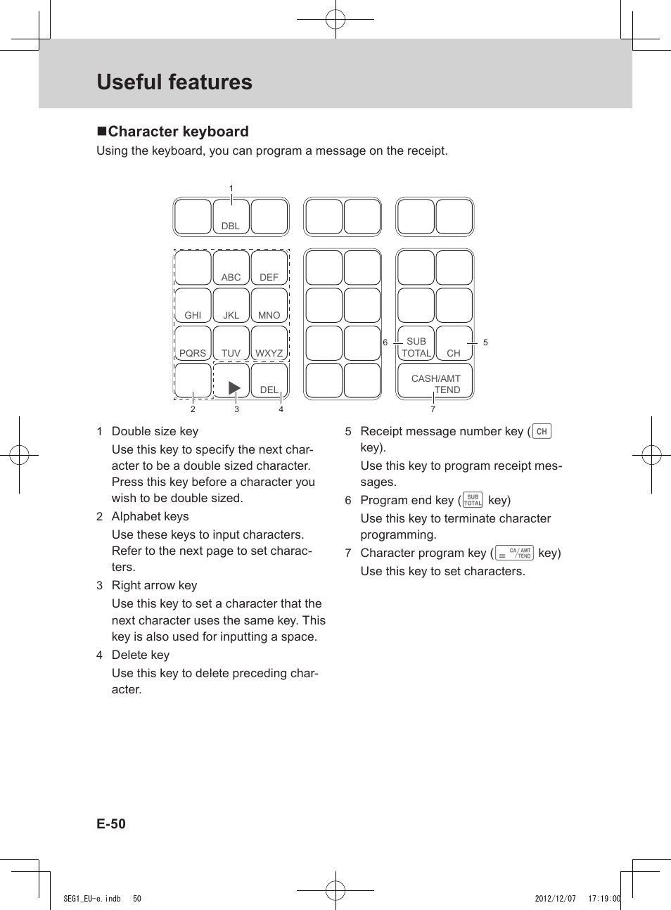 Useful features, Character keyboard, E-50 | Casio SE-G1 User Manual | Page 50 / 76