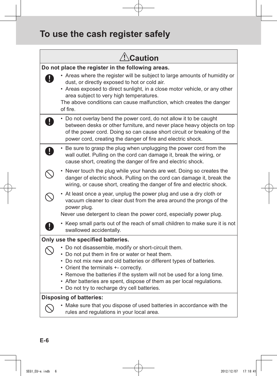 Caution | Casio SE-G1 User Manual | Page 6 / 76