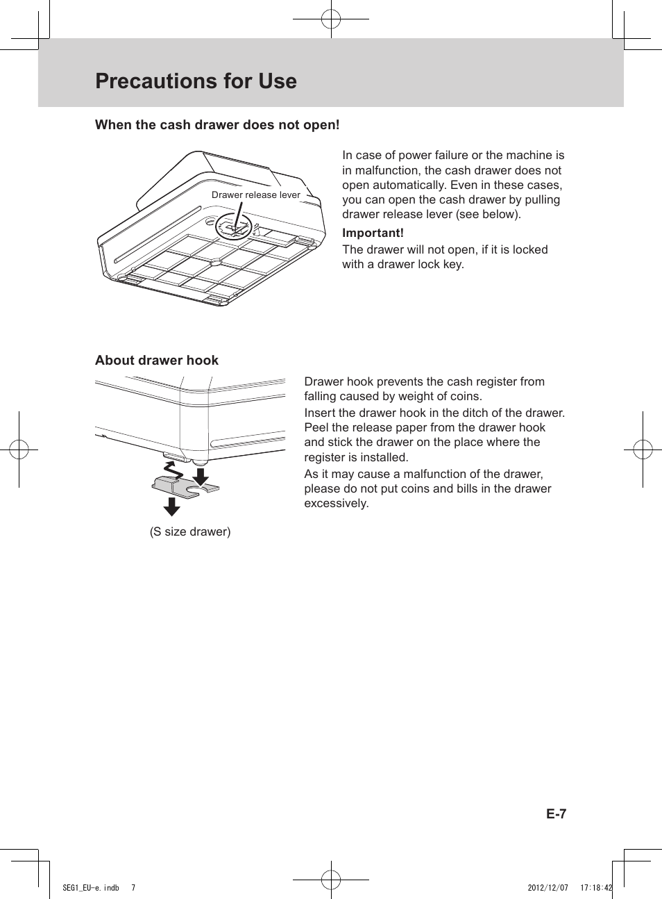 Precautions for use | Casio SE-G1 User Manual | Page 7 / 76