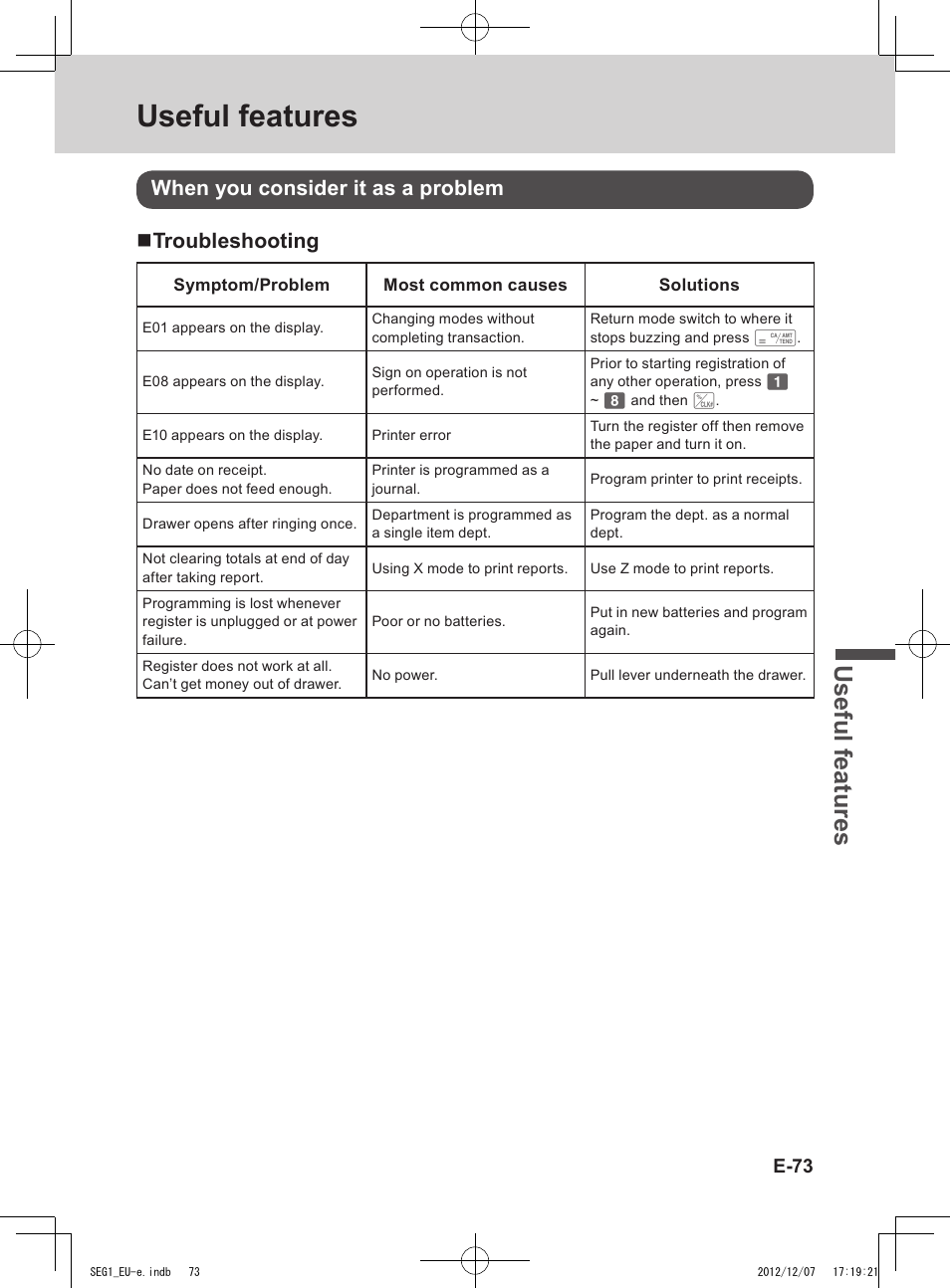 Useful features, Use ful fe atu re s, E-73 | Casio SE-G1 User Manual | Page 73 / 76