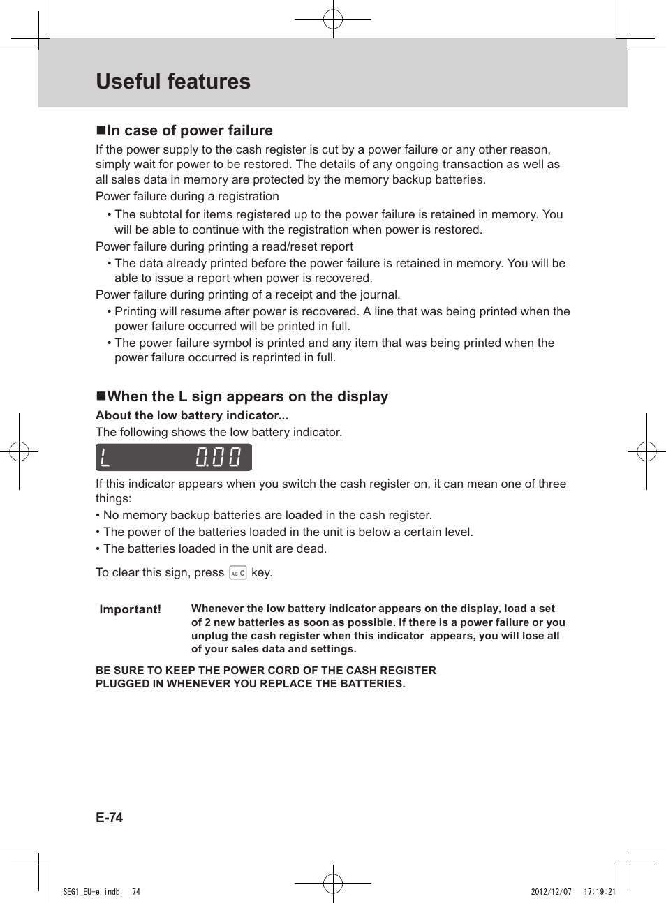 Useful features, L ~00 | Casio SE-G1 User Manual | Page 74 / 76