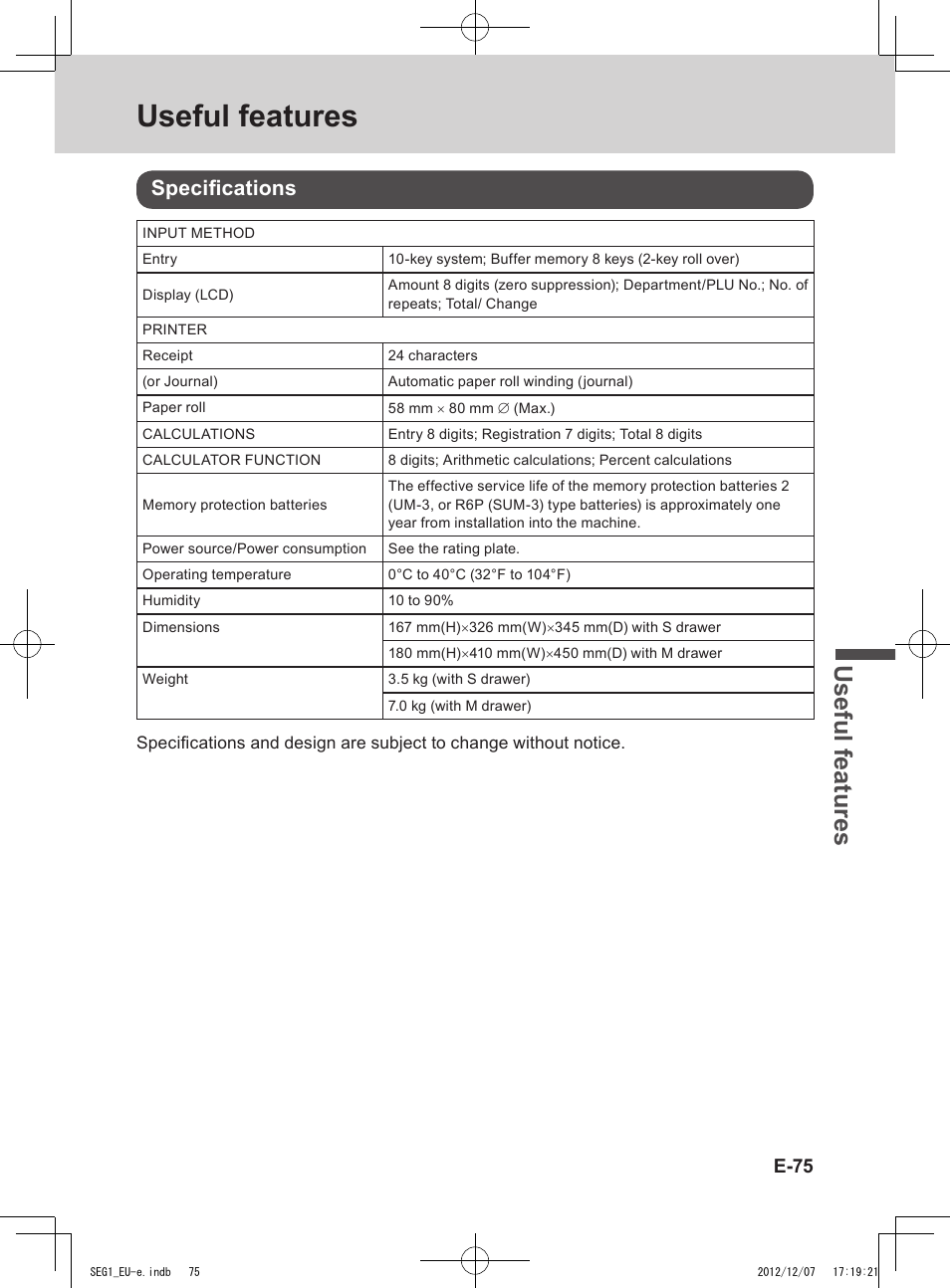 Useful features, Use ful fe atu re s, Specifications | E-75 | Casio SE-G1 User Manual | Page 75 / 76