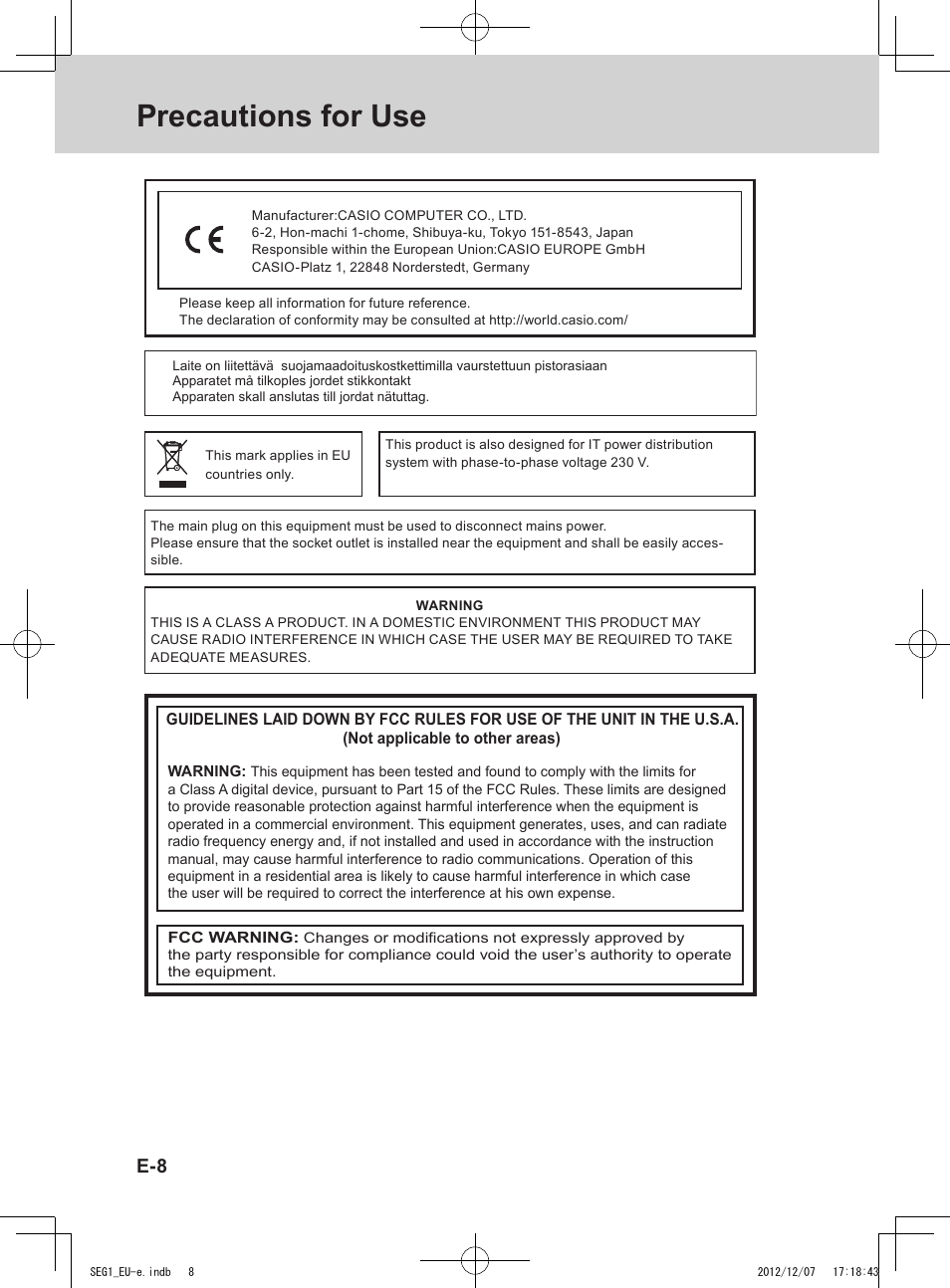 Precautions for use | Casio SE-G1 User Manual | Page 8 / 76