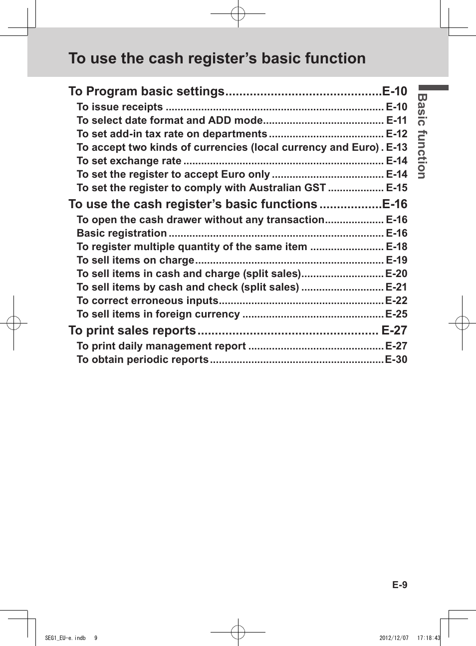 Bas ic fu nc tion | Casio SE-G1 User Manual | Page 9 / 76