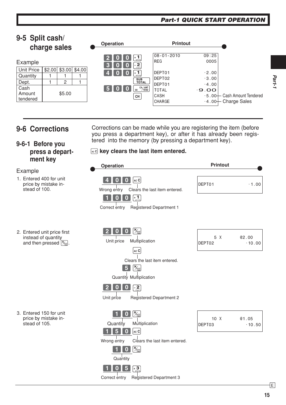 5 split cash/ charge sales, 6 corrections, 6-1 before you press a depart- ment key | Casio SE-S10 Manual User Manual | Page 15 / 48