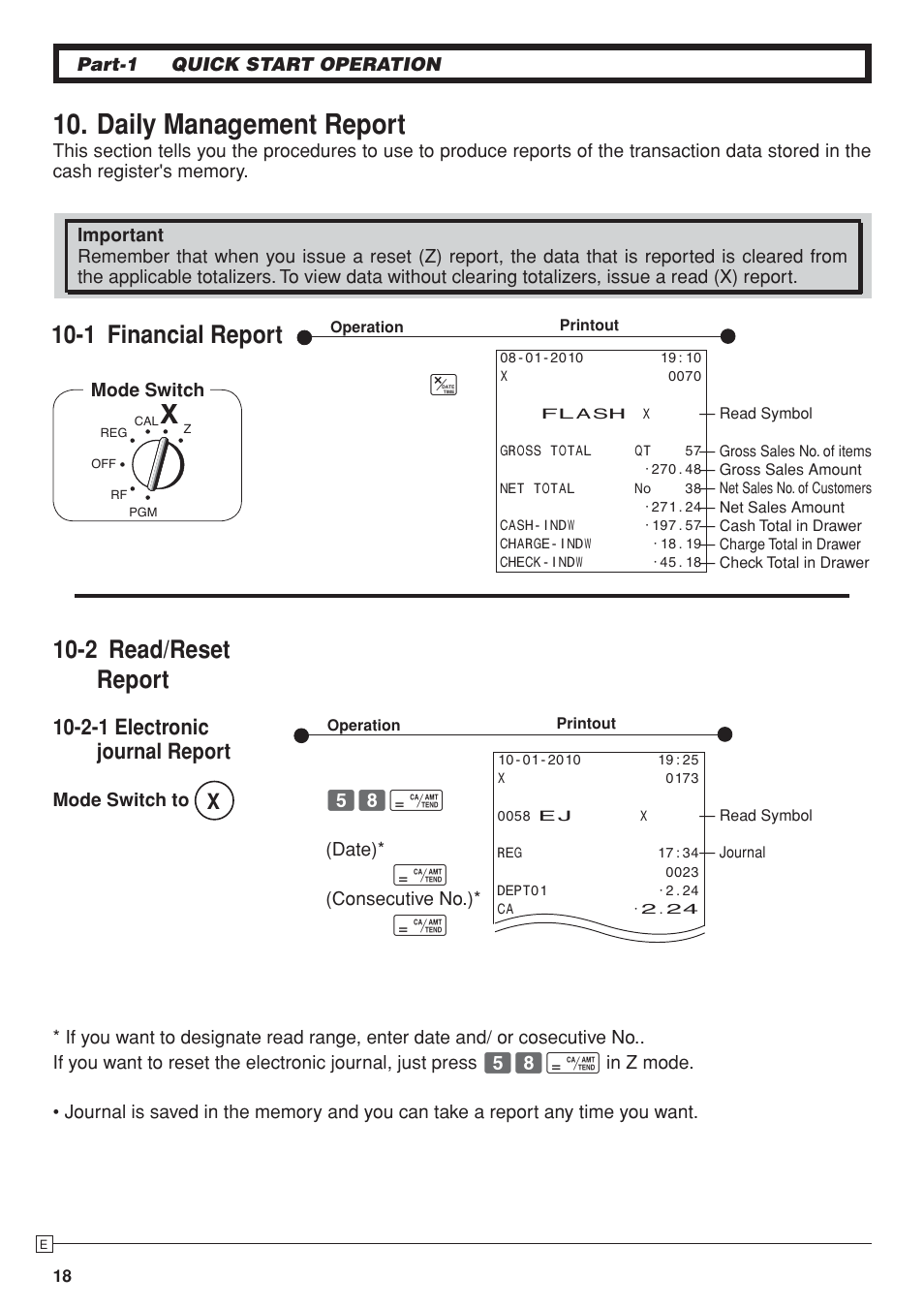 Daily management report, 1 financial report, 2 read/reset report | 2-1 electronic journal report | Casio SE-S10 Manual User Manual | Page 18 / 48