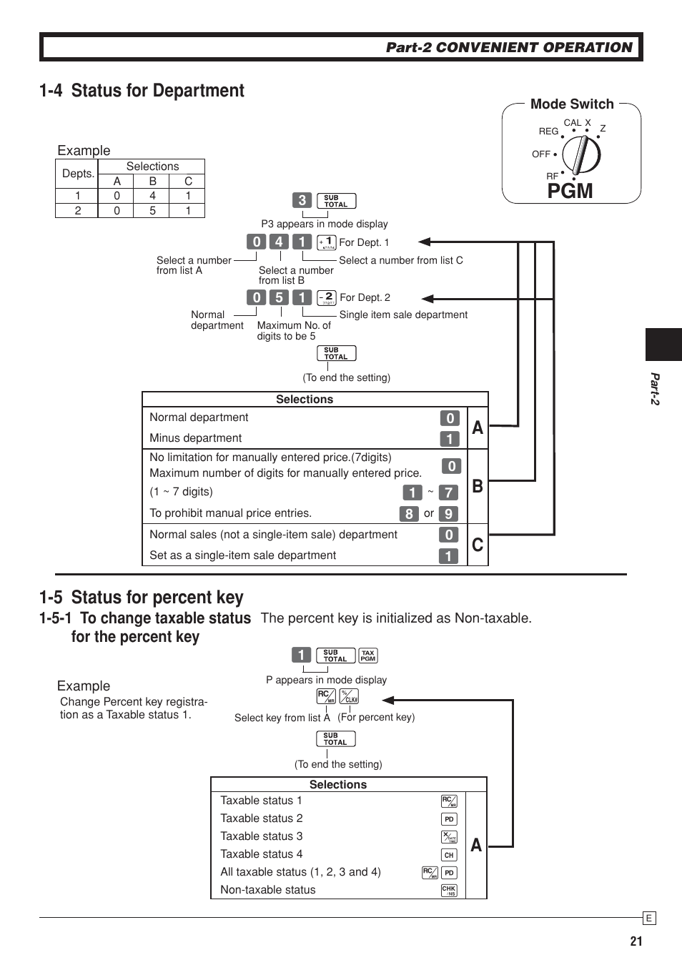 4 status for department 1-5 status for percent key, 5-1 to change taxable status for the percent key | Casio SE-S10 Manual User Manual | Page 21 / 48