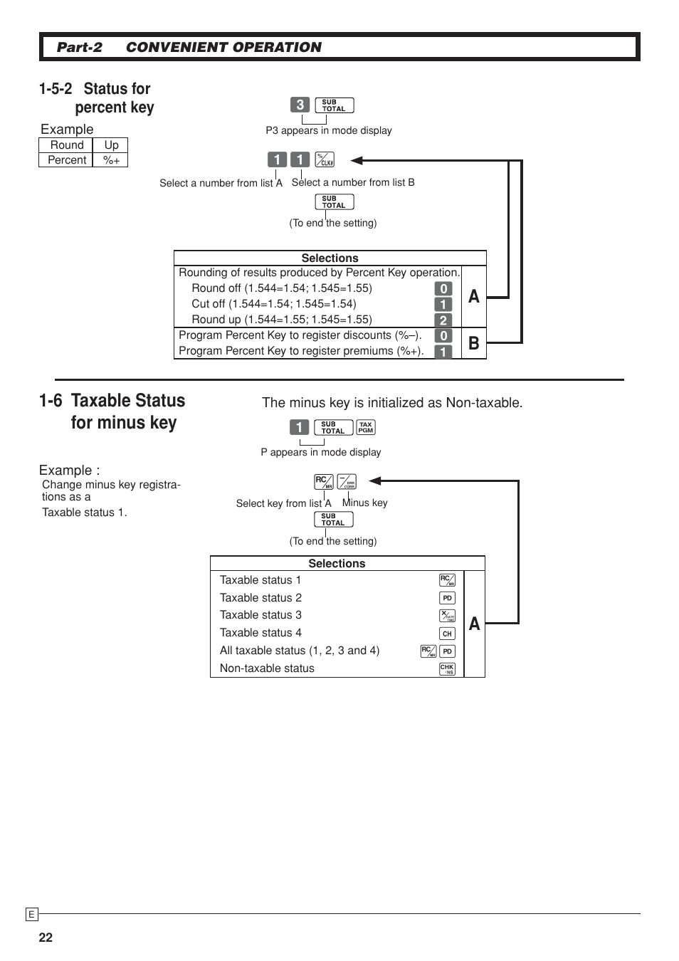 6 taxable status for minus key, 5-2 status for percent key | Casio SE-S10 Manual User Manual | Page 22 / 48