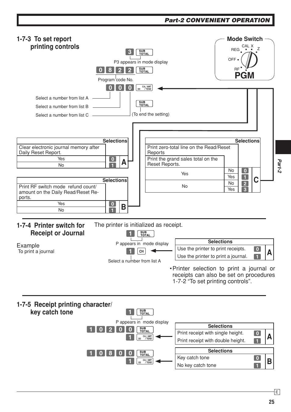 7-4 printer switch for receipt or journal, 7-3 to set report printing controls, 7-5 receipt printing character/ key catch tone | Casio SE-S10 Manual User Manual | Page 25 / 48