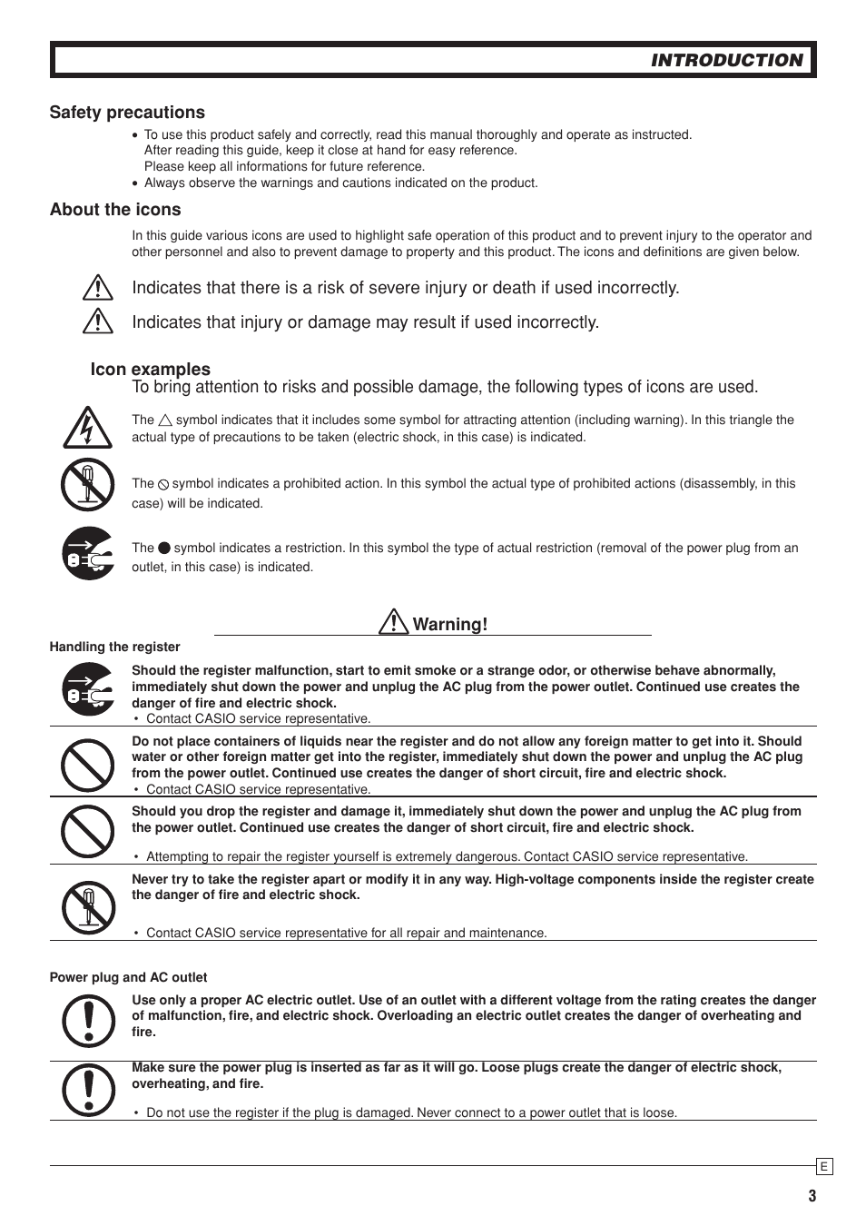 Introduction safety precautions, About the icons, Warning | Casio SE-S10 Manual User Manual | Page 3 / 48