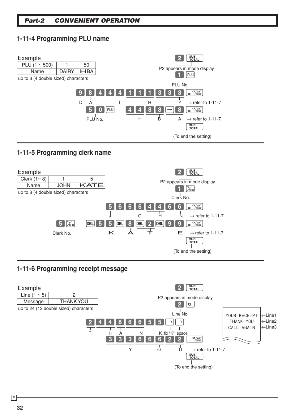 11-4 programming plu name, 11-5 programming clerk name, 11-6 programming receipt message | Casio SE-S10 Manual User Manual | Page 32 / 48