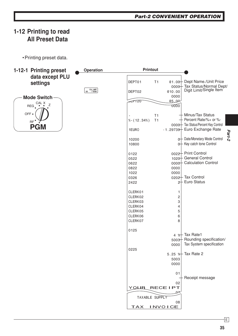 12 printing to read all preset data, 12-1 printing preset data except plu settings | Casio SE-S10 Manual User Manual | Page 35 / 48