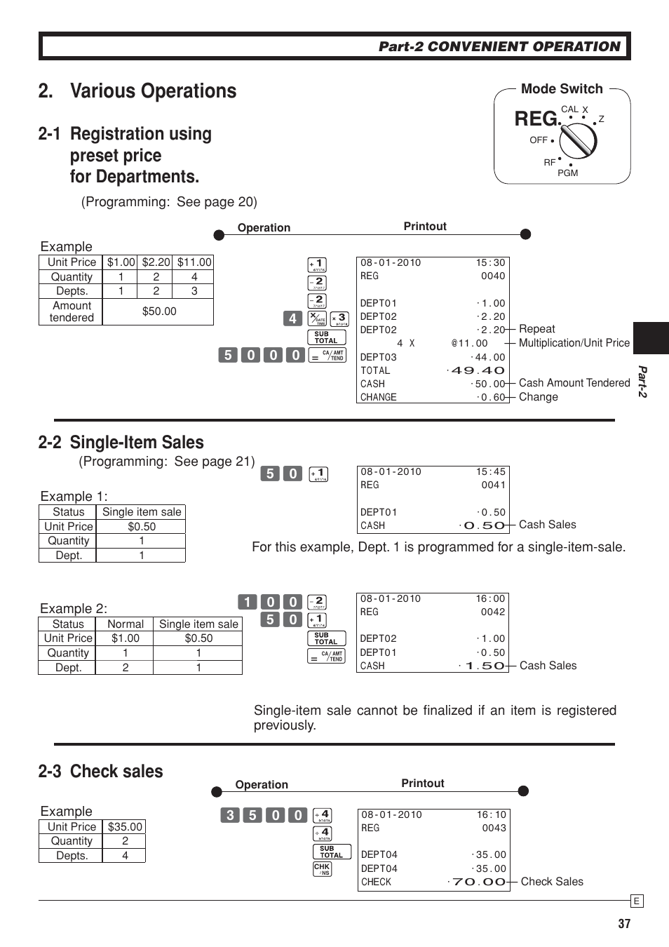 Various operations, 3 check sales, 1 registration using preset price for departments | 2 single-item sales | Casio SE-S10 Manual User Manual | Page 37 / 48