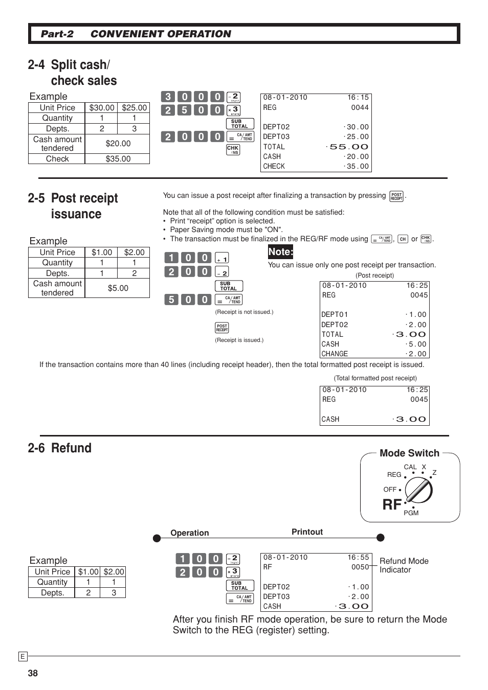 4 split cash/ check sales, 6 refund, 5 post receipt issuance | Casio SE-S10 Manual User Manual | Page 38 / 48