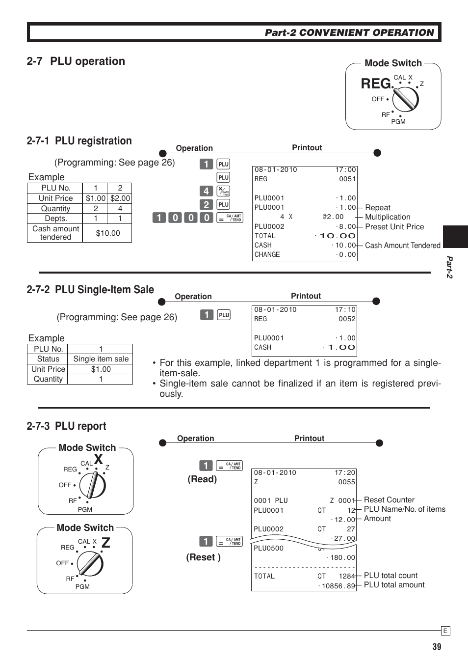 7 plu operation 2-7-2 plu single-item sale, 7-3 plu report, 7-1 plu registration | Casio SE-S10 Manual User Manual | Page 39 / 48