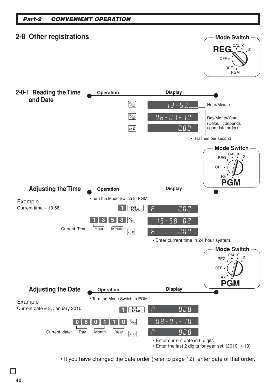 8 other registrations, 8-1 reading the time and date, Adjusting the time | Adjusting the date | Casio SE-S10 Manual User Manual | Page 40 / 48