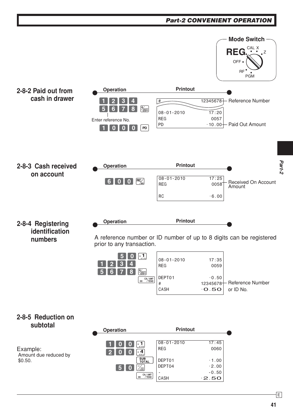 8-5 reduction on subtotal, 8-3 cash received on account, 8-4 registering identifi cation numbers | 8-2 paid out from cash in drawer | Casio SE-S10 Manual User Manual | Page 41 / 48