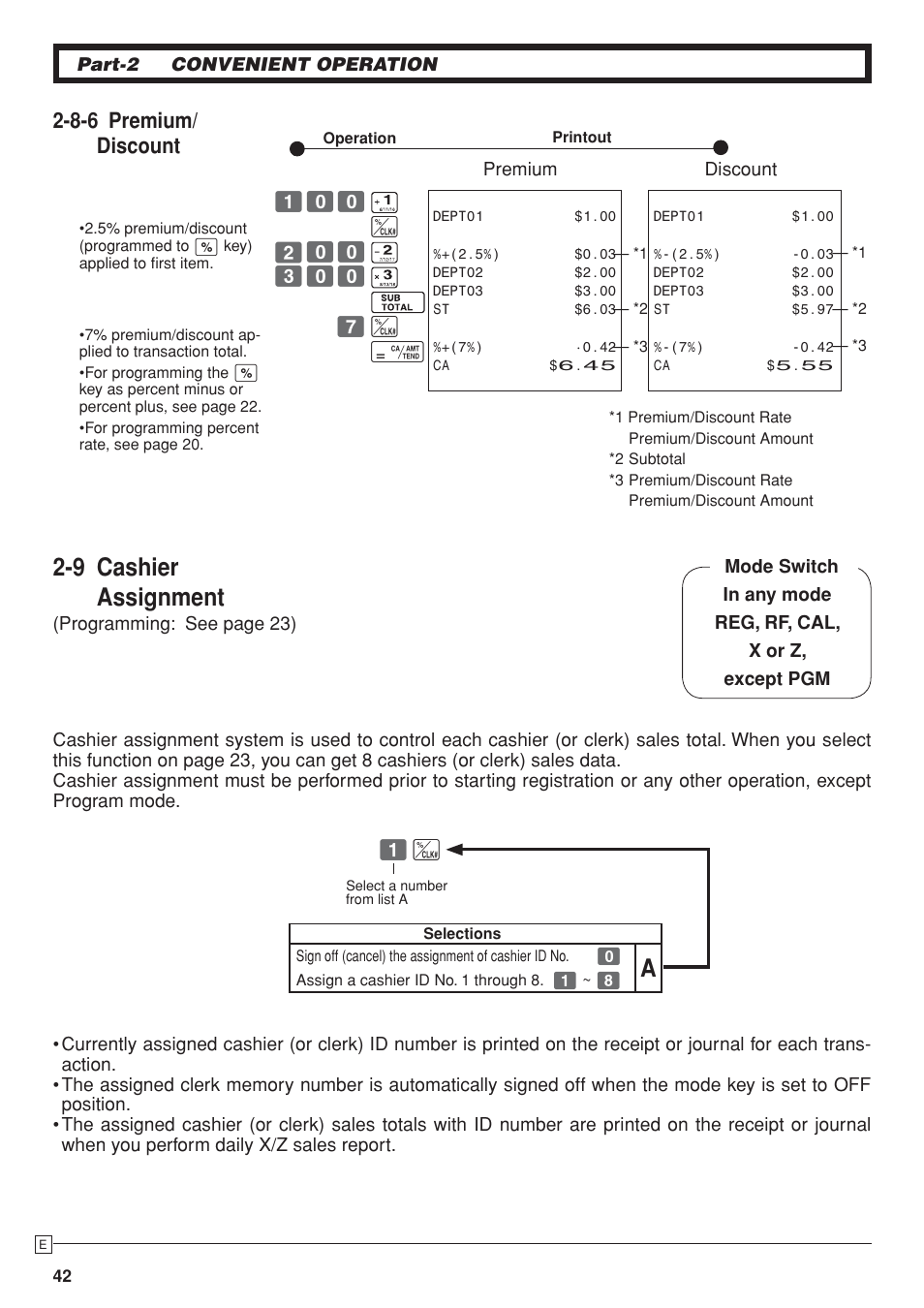 9 cashier assignment, 8-6 premium/ discount | Casio SE-S10 Manual User Manual | Page 42 / 48