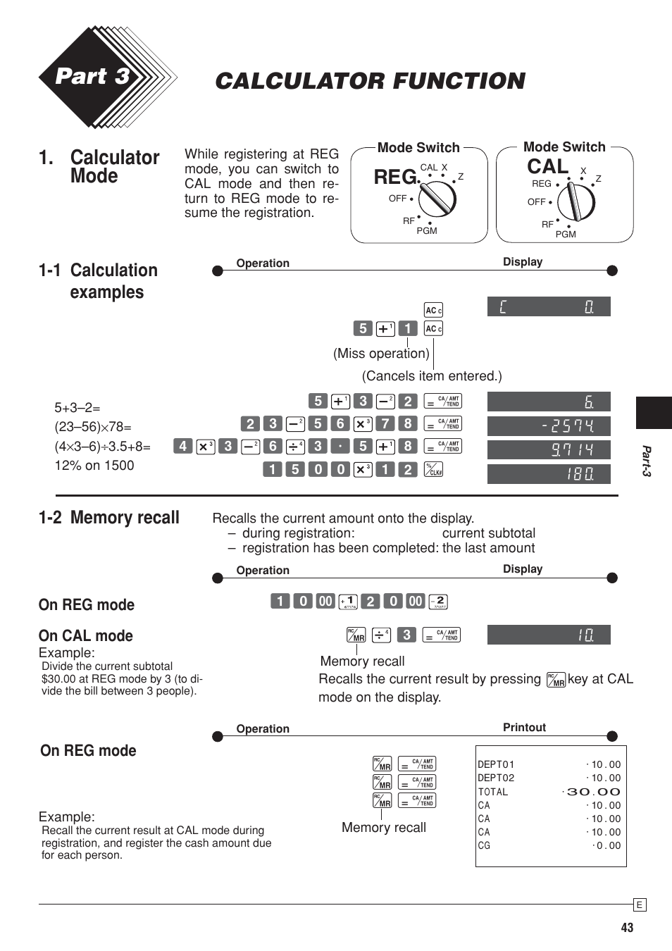 Calculator function part 3, Calculator mode, 1 calculation examples | Casio SE-S10 Manual User Manual | Page 43 / 48