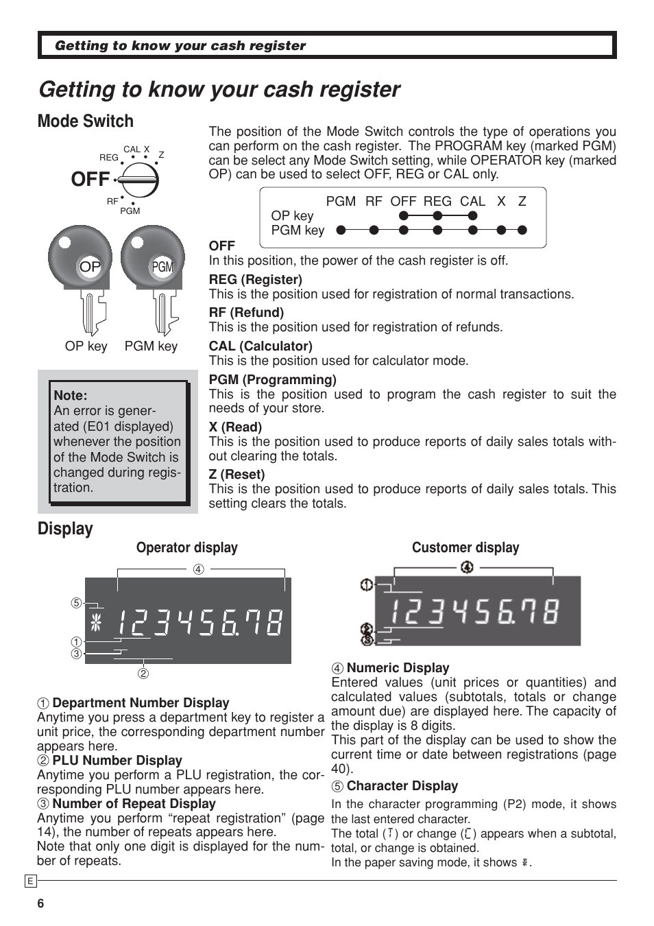 Getting to know your cash register, Display, Mode switch | Casio SE-S10 Manual User Manual | Page 6 / 48