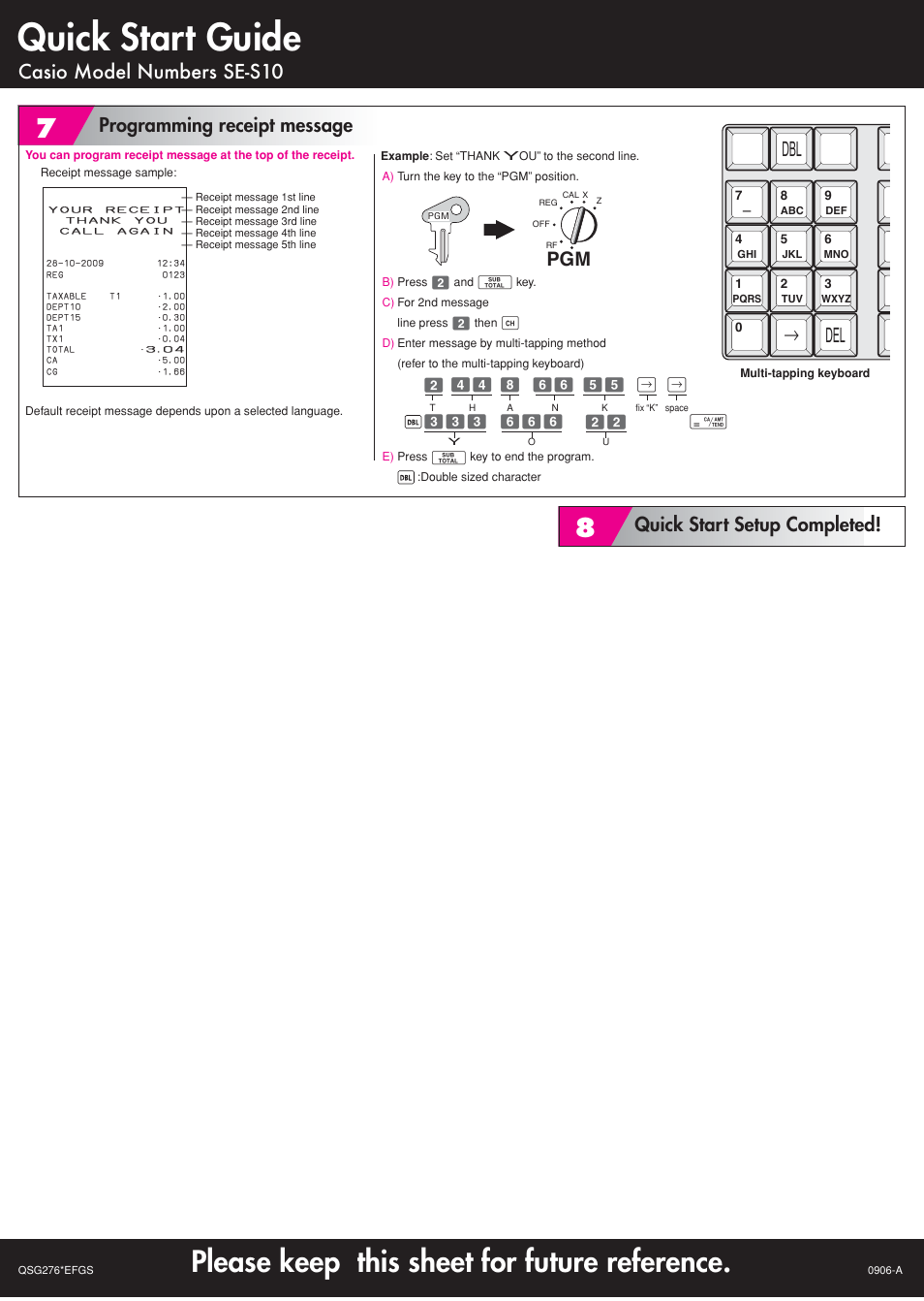 Quick start guide, Please keep this sheet for future reference, Dbl del | Casio model numbers se-s10, Programming receipt message, Quick start setup completed | Casio SE-S10 Quick Start User Manual | Page 2 / 2