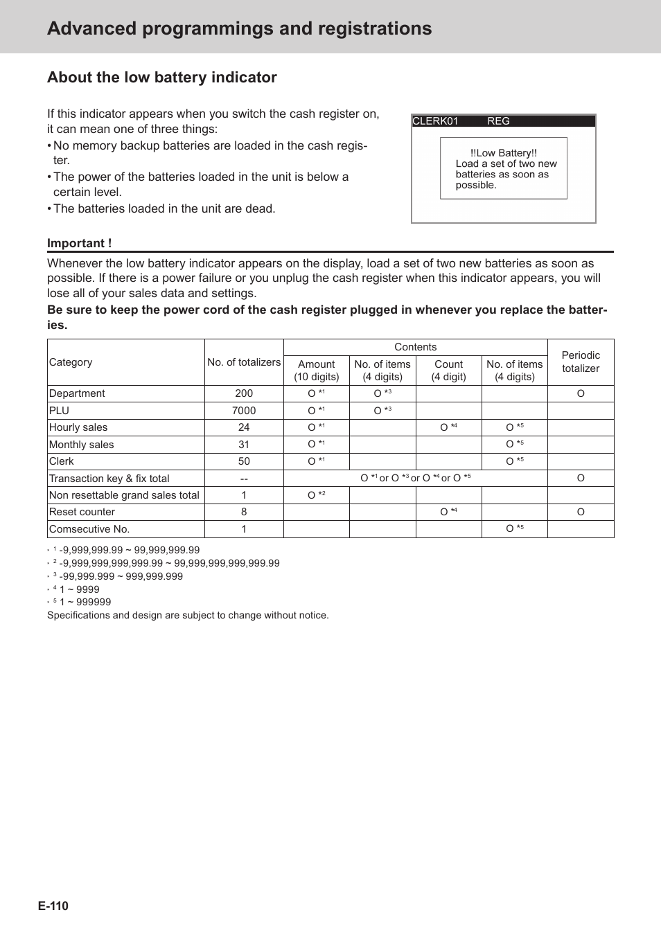 Advanced programmings and registrations, About the low battery indicator, E-110 | Casio SE-S3000 Manual User Manual | Page 110 / 112