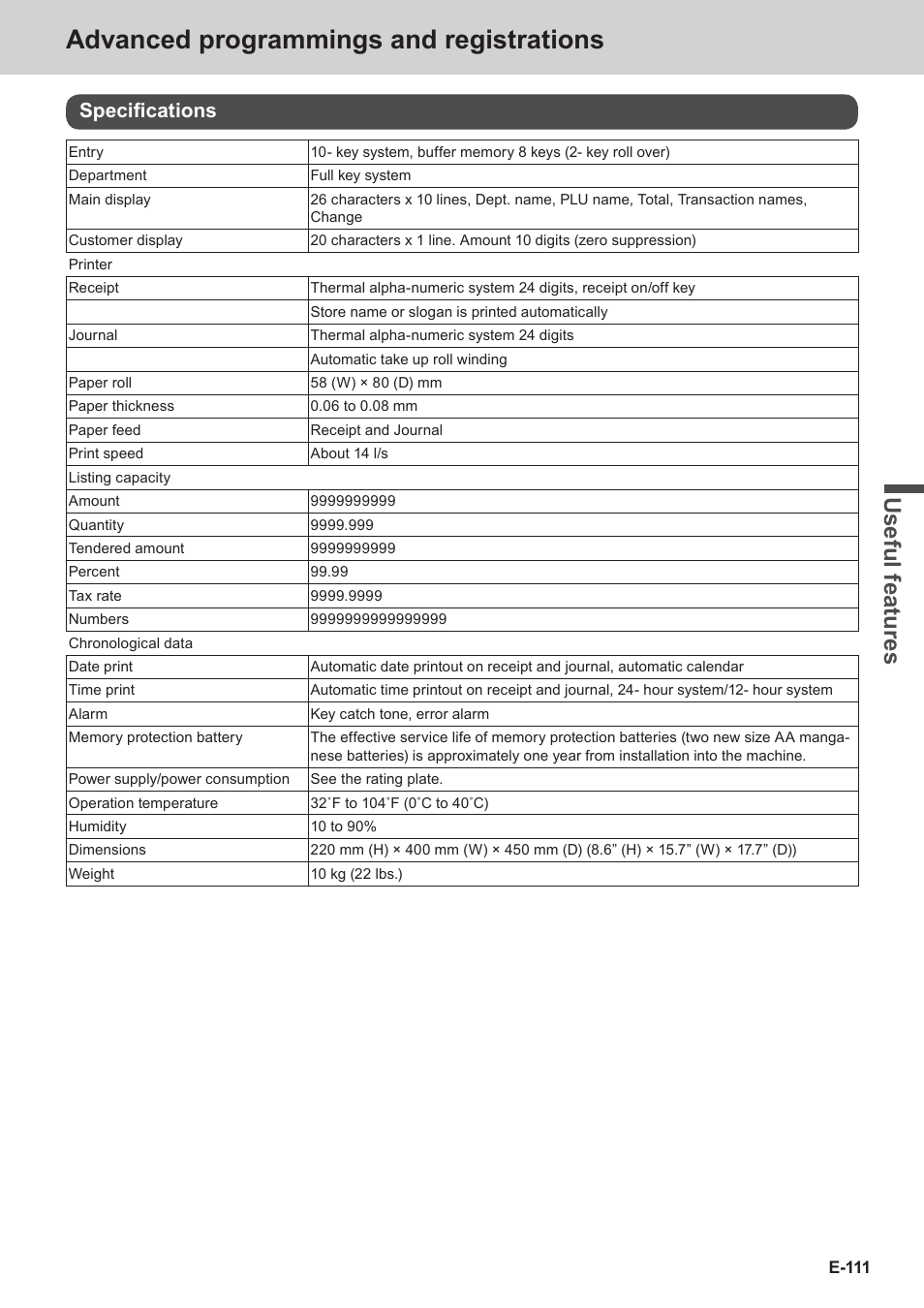 Advanced programmings and registrations, Use ful fe atu re s, Specifications | Casio SE-S3000 Manual User Manual | Page 111 / 112