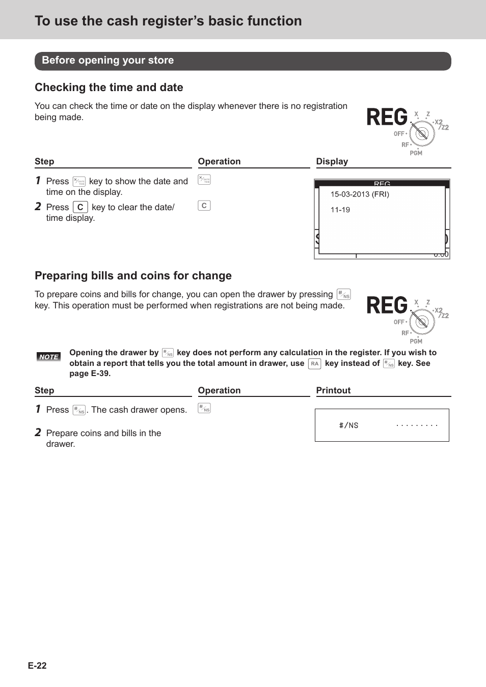 Checking the time and date, Preparing bills and coins for change | Casio SE-S3000 Manual User Manual | Page 22 / 112