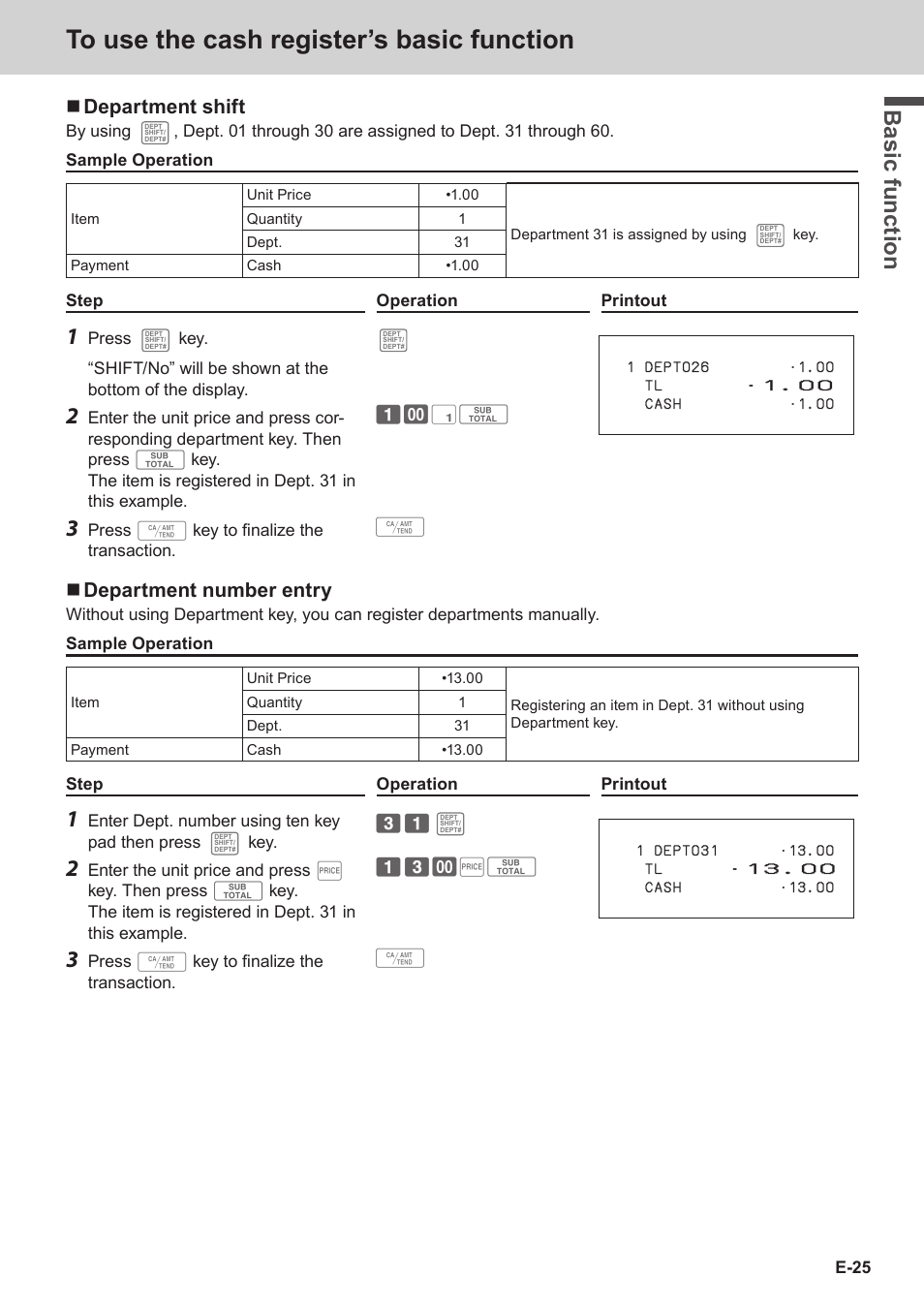 Bas ic fu nc tion, Department shift, Department number entry | Casio SE-S3000 Manual User Manual | Page 25 / 112