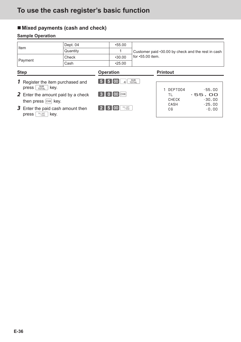 Mixed payments (cash and check) | Casio SE-S3000 Manual User Manual | Page 36 / 112