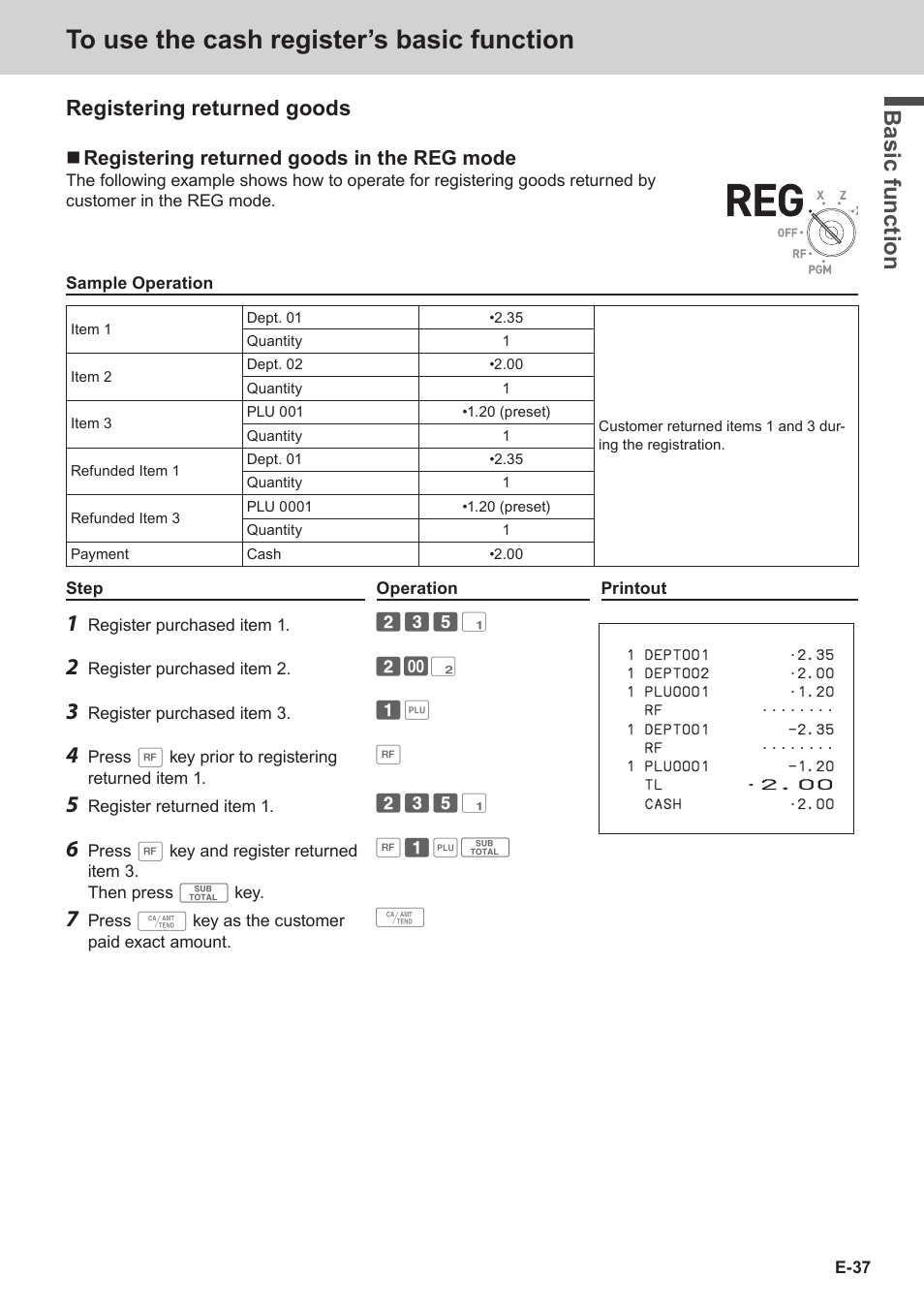 Bas ic fu nc tion, Registering returned goods | Casio SE-S3000 Manual User Manual | Page 37 / 112