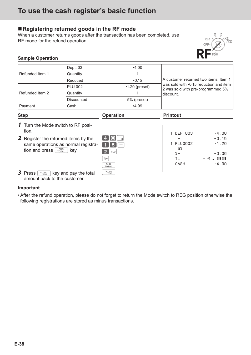 Registering returned goods in the rf mode | Casio SE-S3000 Manual User Manual | Page 38 / 112