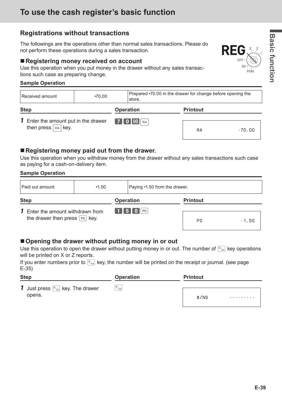 Bas ic fu nc tion, Registrations without transactions | Casio SE-S3000 Manual User Manual | Page 39 / 112