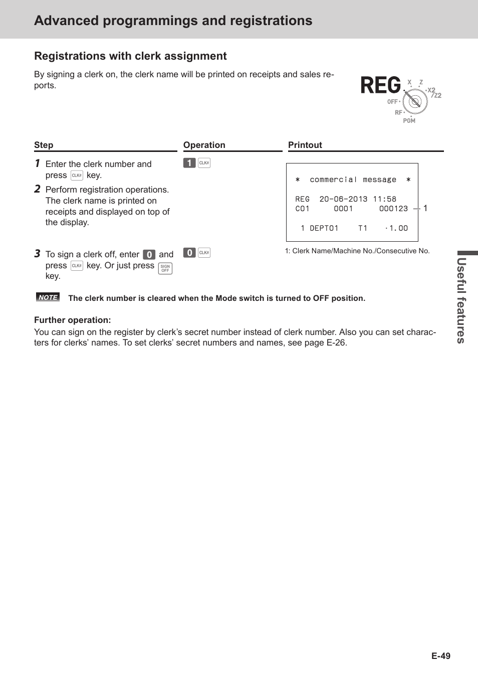 Advanced programmings and registrations, Use ful fe atu re s, Registrations with clerk assignment | Casio SE-S3000 Manual User Manual | Page 49 / 112