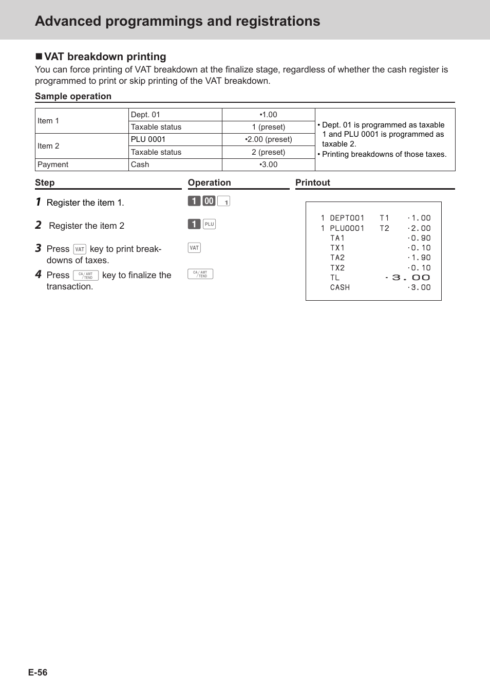 Advanced programmings and registrations, Vat breakdown printing | Casio SE-S3000 Manual User Manual | Page 56 / 112